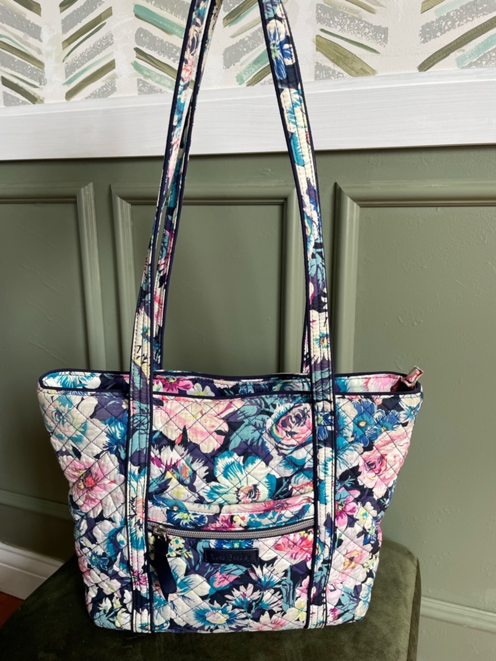 Vera Bradley Quilted Floral Zip Tote Bag Cotton Work Travel Navy Pink Everyday